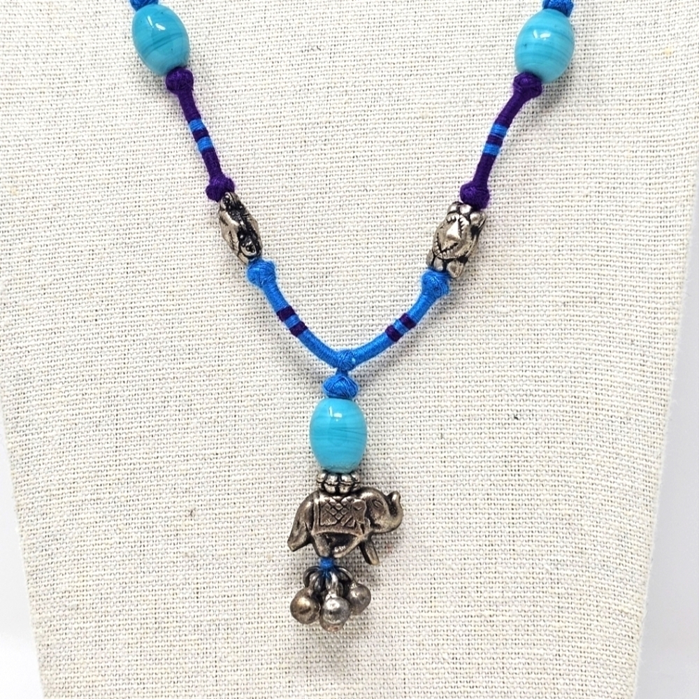 Patwa Handcrafted Unisex Blue Beaded Necklace with Elephant Charm